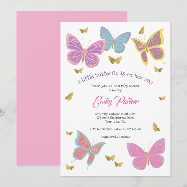 Invitación Mariposa, temas de Baby Shower Chica, (Anverso / Reverso)