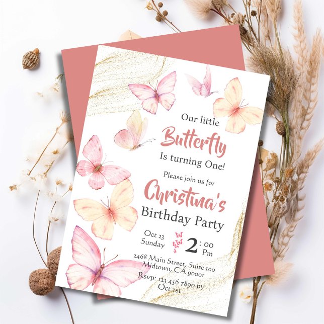 Invitación Mariposa temática linda felicidad moderna 1º cumpl (Front/Back )