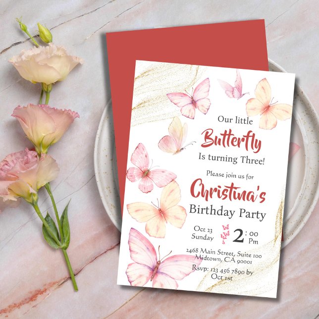 Invitación Mariposa temática linda felicidad moderna 3º cumpl (Front/Back )