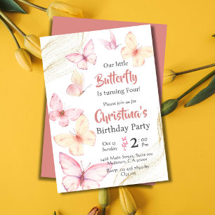 Invitación Mariposa temática linda felicidad moderna 4º cumpl