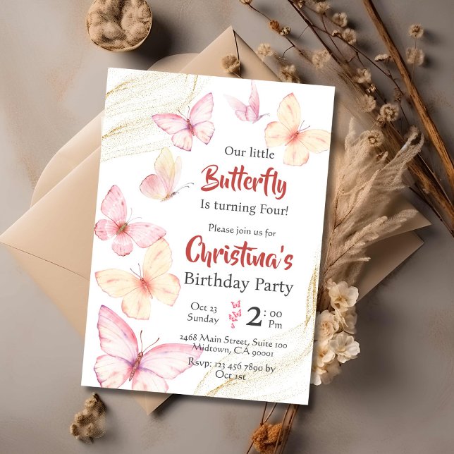 Invitación Mariposa temática linda felicidad moderna 4º cumpl (Front )
