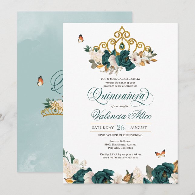 Invitación Mariposa Tiara Quinceanera, Rosas verdes de Esmera (Anverso / Reverso)