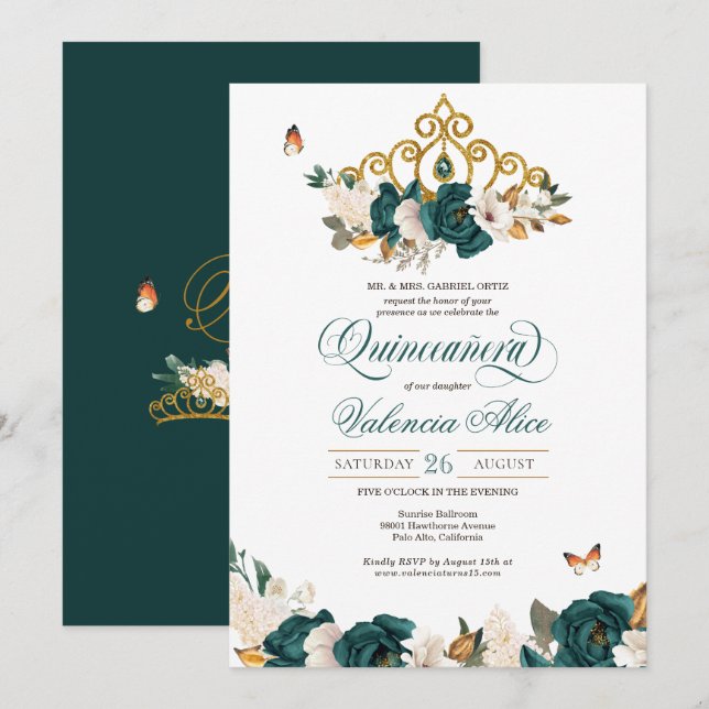 Invitación Mariposa Tiara Quinceanera, Rosas verdes de Esmera (Anverso / Reverso)