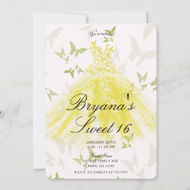 Invitación Mariposa verde amarilla Dance Vestido dulce 16 Fie (Anverso)