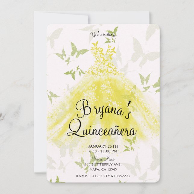 Invitación Mariposa verde amarilla vestido de danza Quinceañe (Anverso)