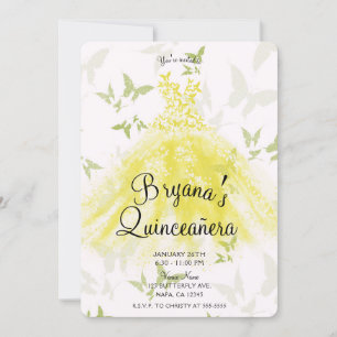 Invitación Mariposa verde amarilla vestido de danza Quinceañe