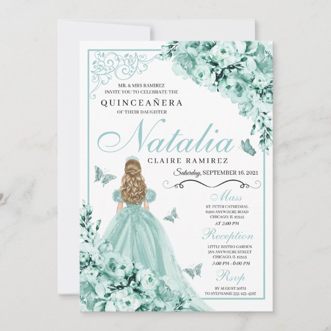 Invitación Mariposa verde claro Tiara Princesa Quinceanera (Anverso)