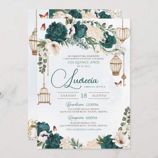 Invitación Mariposa verde esmeralda Floral Elegante Quinceañe (Anverso / Reverso)