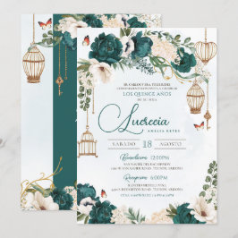 Invitación Mariposa verde esmeralda Floral Elegante Quinceañe