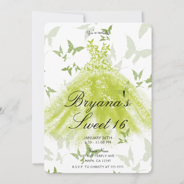Invitación Mariposa verde primavera vestido de baile dulce 16 (Anverso)