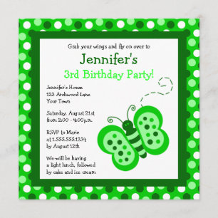 Invitación Mariposa verde suave con puntos polka invitada de 