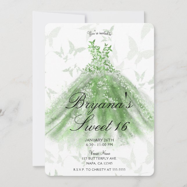 Invitación Mariposa verde vestido de baile dulce 16 Fiesta (Anverso)