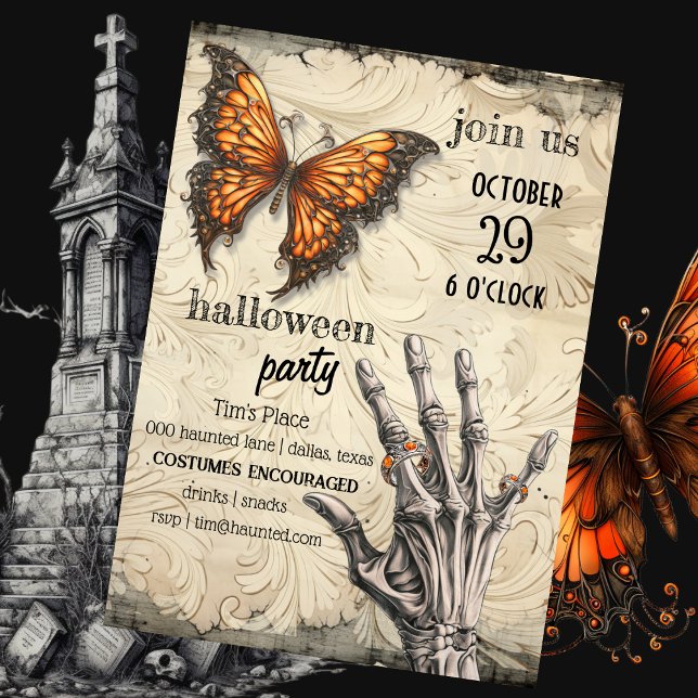 Invitación Mariposa victoriana | Esqueleto | Halloween gótico (Haunted Halloween party invitation with steampunk monarch butterfly and skeleton hand with rings. )