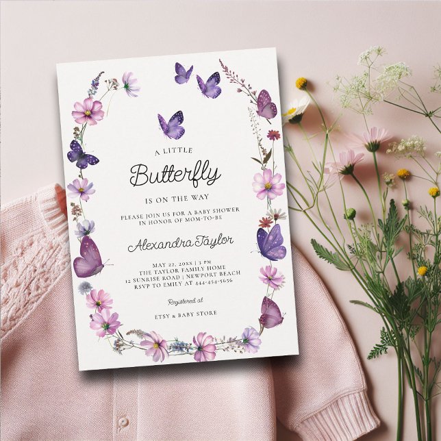 Invitación Mariposa Wild Purple Mauve Pink Baby Shower (little butterfly baby girl shower invitation cottage garden watercolor purple wildflowers boho frame)
