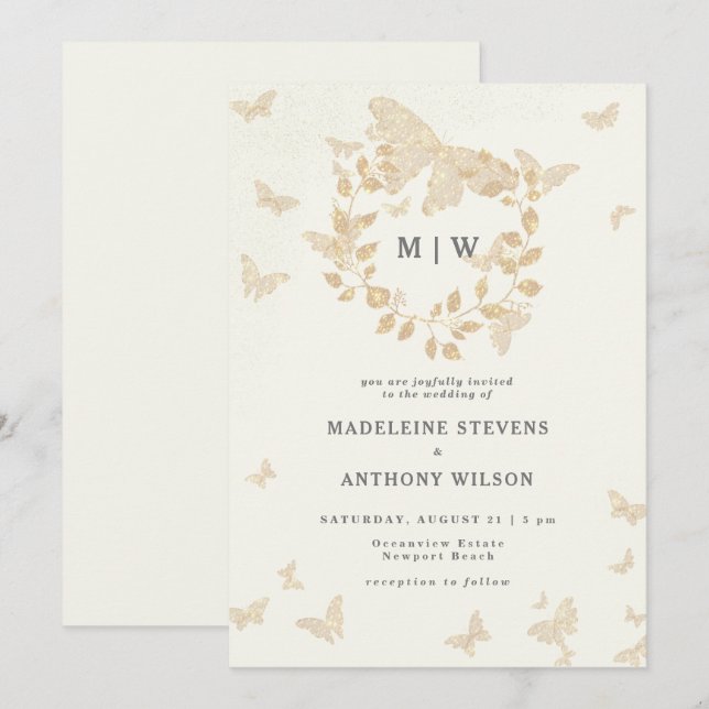 Invitación Mariposa Wreath Ivory Gold Monogramas Boda (Anverso / Reverso)