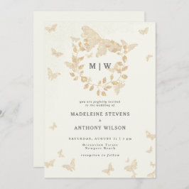 Invitación Mariposa Wreath Ivory Gold Monogramas Boda
