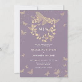 Invitación Mariposa Wreath Lilac Gold Monogramas Boda