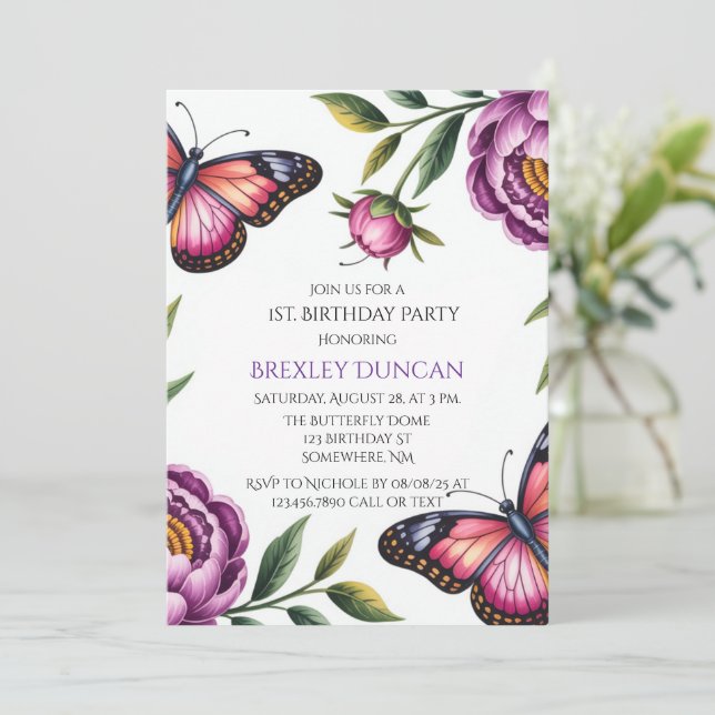 Invitación Mariposa y Chica Peony primero. Fiesta de cumpleañ (Anverso de pie)