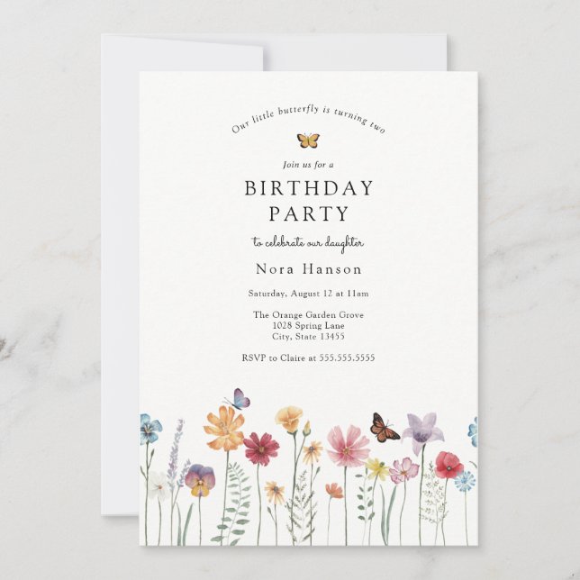 Invitación Mariposa y flor silvestre floreciente cumpleaños (Anverso)