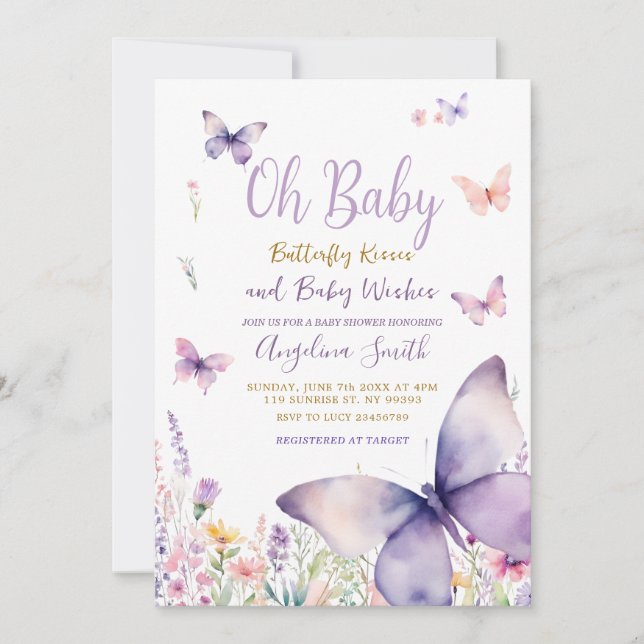 Invitación Mariposa y flores púrpura Chica Ducha bebé (Anverso)