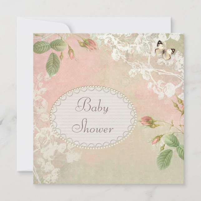 Invitación Mariposa y flores Shabby Chic Baby Shower (Anverso)