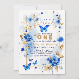 Invitación Mariposa y rosa azul florido cumpleaños moderno