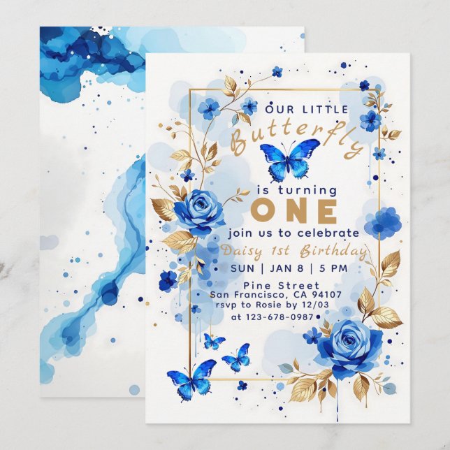 Invitación Mariposa y rosa azul florido cumpleaños moderno (Anverso / Reverso)