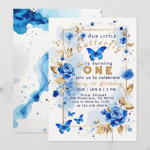 Invitación Mariposa y rosa azul florido cumpleaños moderno