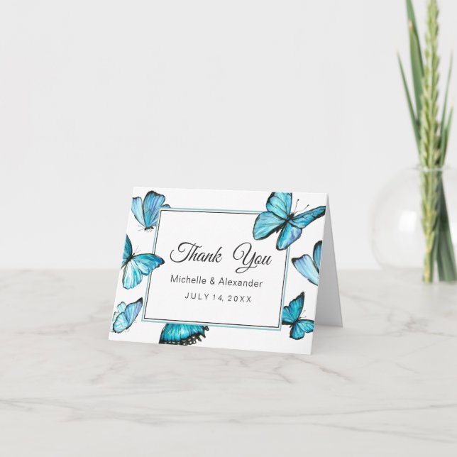 Invitación Mariposas acuarela azul boda gracias (Anverso)