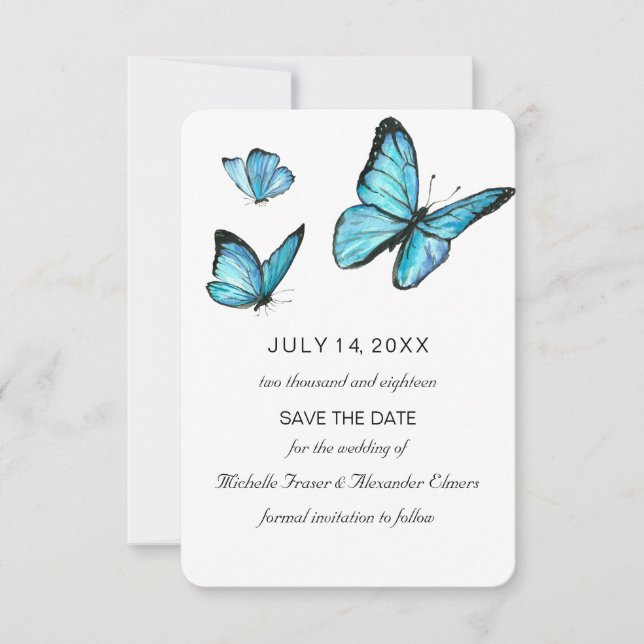 Invitación Mariposas acuarela azul Modernas salvar la fecha (Anverso)