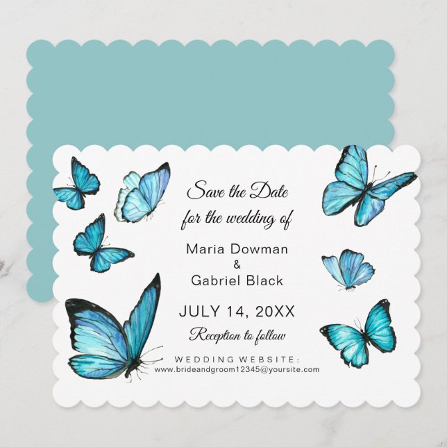 Invitación Mariposas acuarela azul salvar la fecha moderno (Anverso / Reverso)