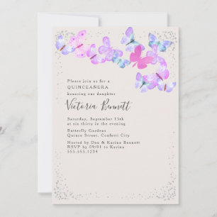 Invitación Mariposas Acuarela Confeti Plateado Quinceañera