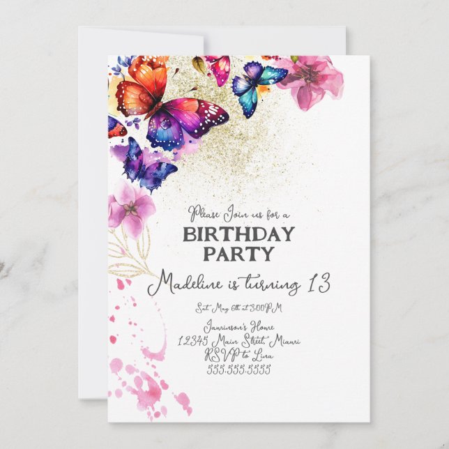 Invitación Mariposas acuarela en flores doradas Cumpleaños (Anverso)