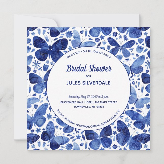 Invitación Mariposas acuarela Indigo Blue Bridal Shower (Anverso)
