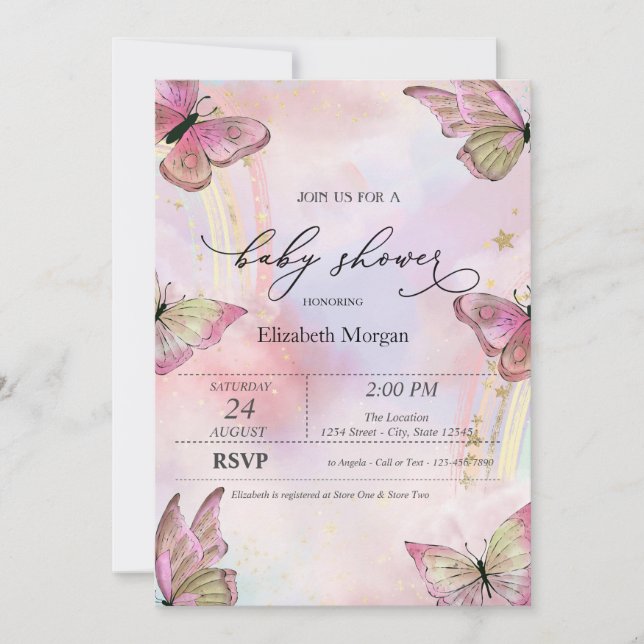 Invitación Mariposas acuarela Rainbows Baby Shower (Anverso)