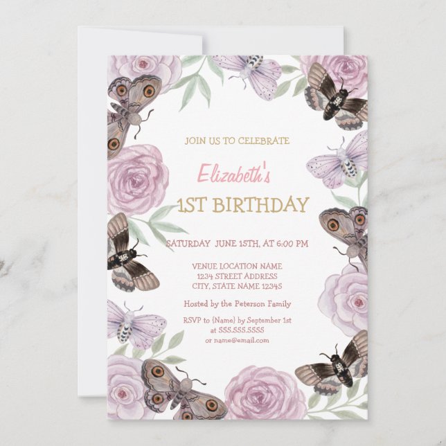 Invitación Mariposas Acuarela Rayas Cumpleaños Chic (Anverso)