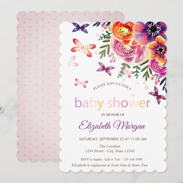 Invitación Mariposas acuarelas Dots Floral Baby Shower (Anverso / Reverso)