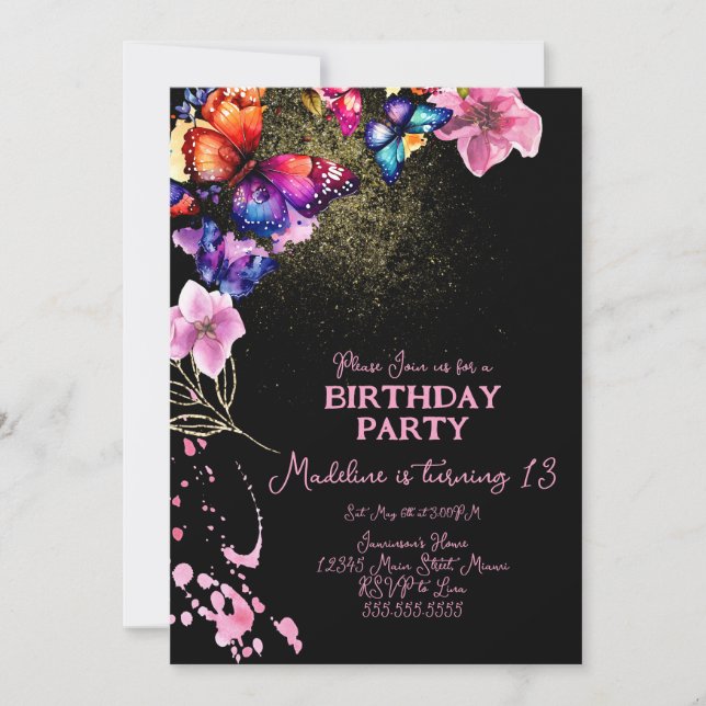 Invitación Mariposas acuarelas en el cumpleaños negro de Flor (Anverso)