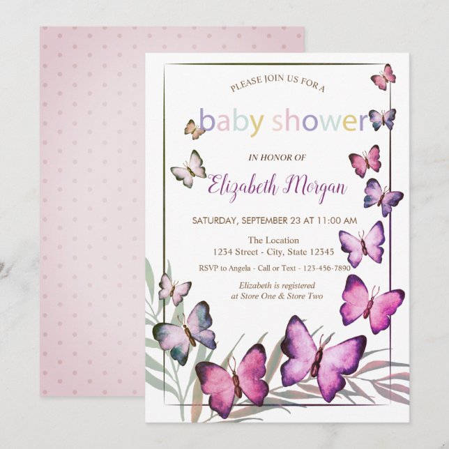 Invitación Mariposas acuarelas Polka Dots Baby Shower (Anverso / Reverso)