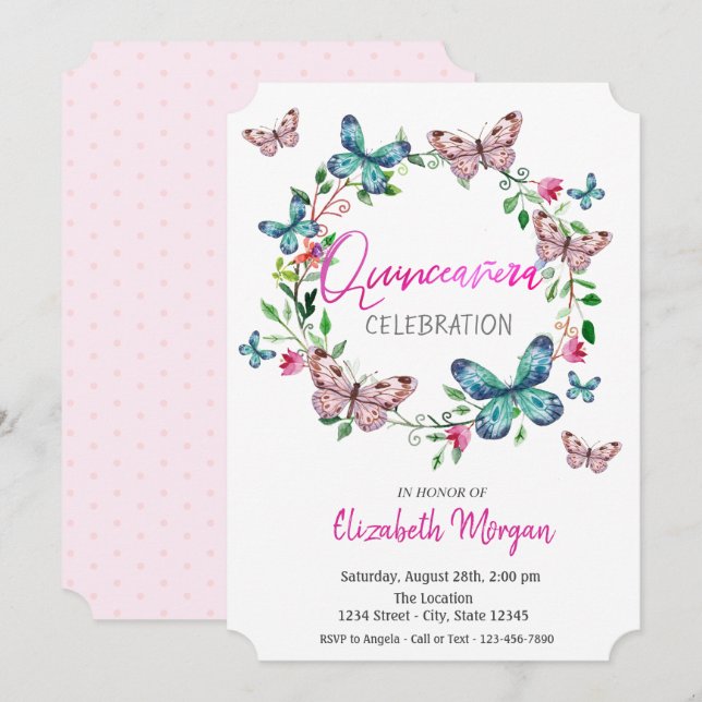 Invitación Mariposas acuarelas puntos rosados Quinceanera (Anverso / Reverso)