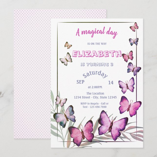 Invitación Mariposas Adorables Cumpleaños Rayado  (Anverso / Reverso)
