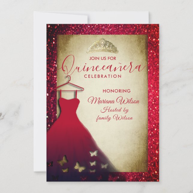 Invitación Mariposas adorables rojas visten a tiara Quinceañe (Anverso)
