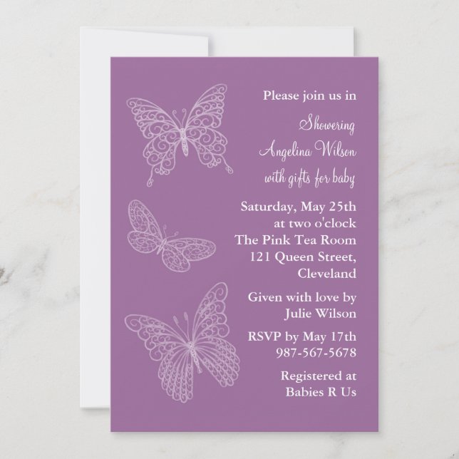 Invitación Mariposas afiligranadas púrpuras (Anverso)