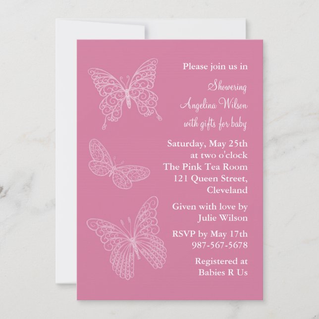 Invitación Mariposas afiligranadas rosadas (Anverso)