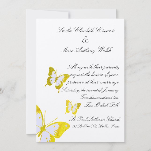 Invitación Mariposas amarillas elegantes que casan la (Anverso)