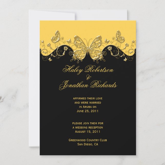 Invitación Mariposas Amarillo Negro Oro Post Boda (Anverso)