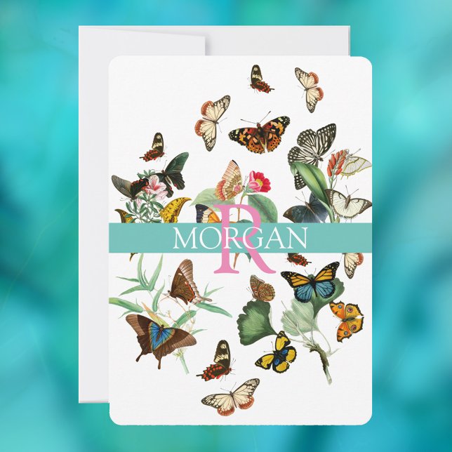 Invitación Mariposas antiguas, monograma, nombre y mensaje (Subido por el creador)