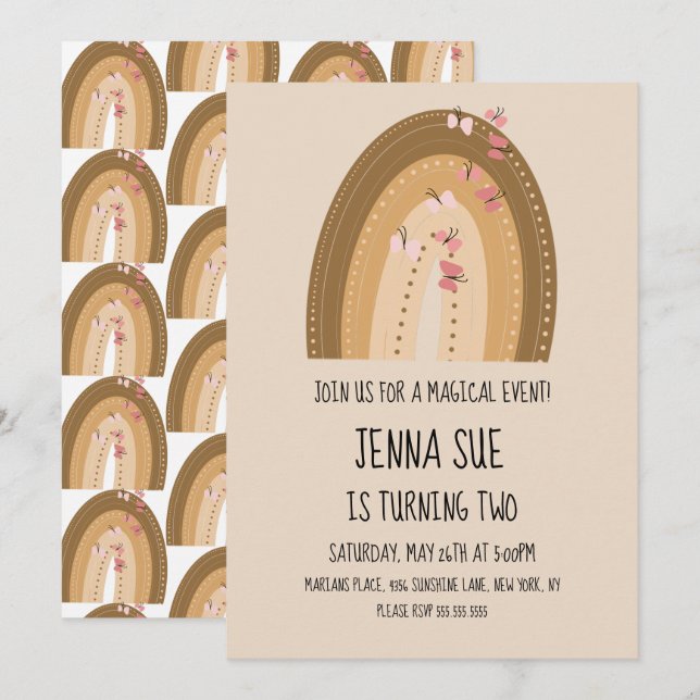 Invitación Mariposas Arcoíris Bohemio Cumpleaños Dibujado a M (Anverso / Reverso)