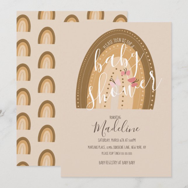Invitación Mariposas arcoiris de Baby Shower bohemias (Anverso / Reverso)