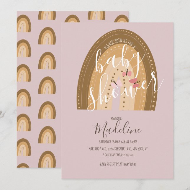 Invitación Mariposas arcoiris de Baby Shower de color rosa bo (Anverso / Reverso)